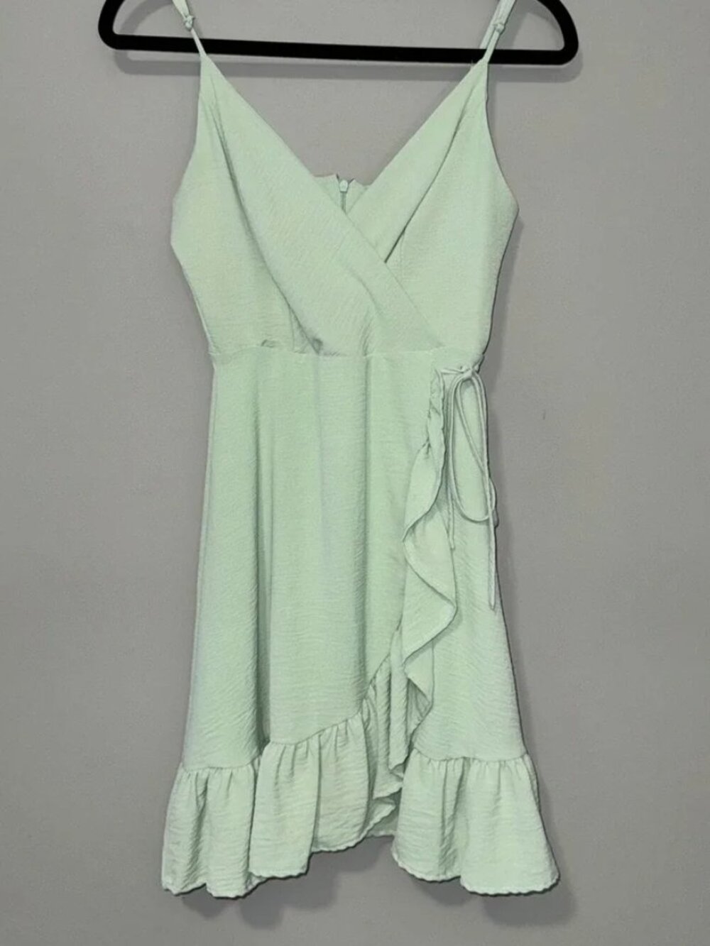Mint Green Ruffle Wrap Mini Dress XS Spaghetti Strap V-Neck Mint